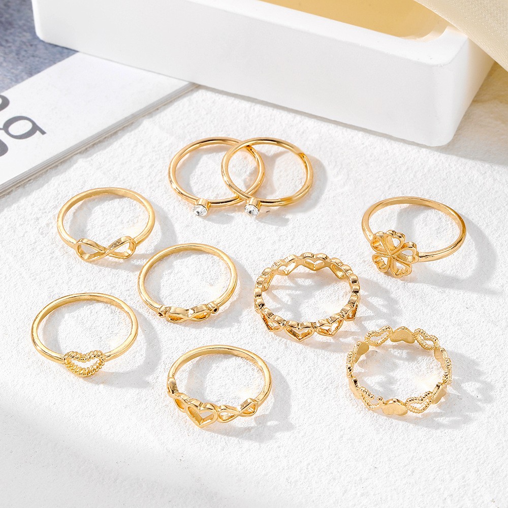 Gold Color Heart Rings 9pcs Sets For Women