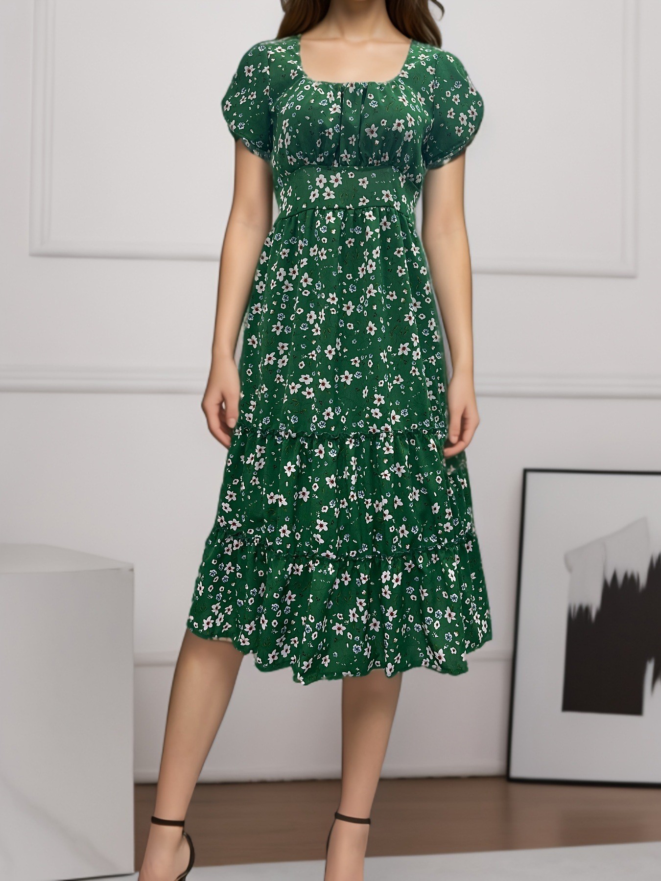 Summer Puff Floral Printed Long Dresses
