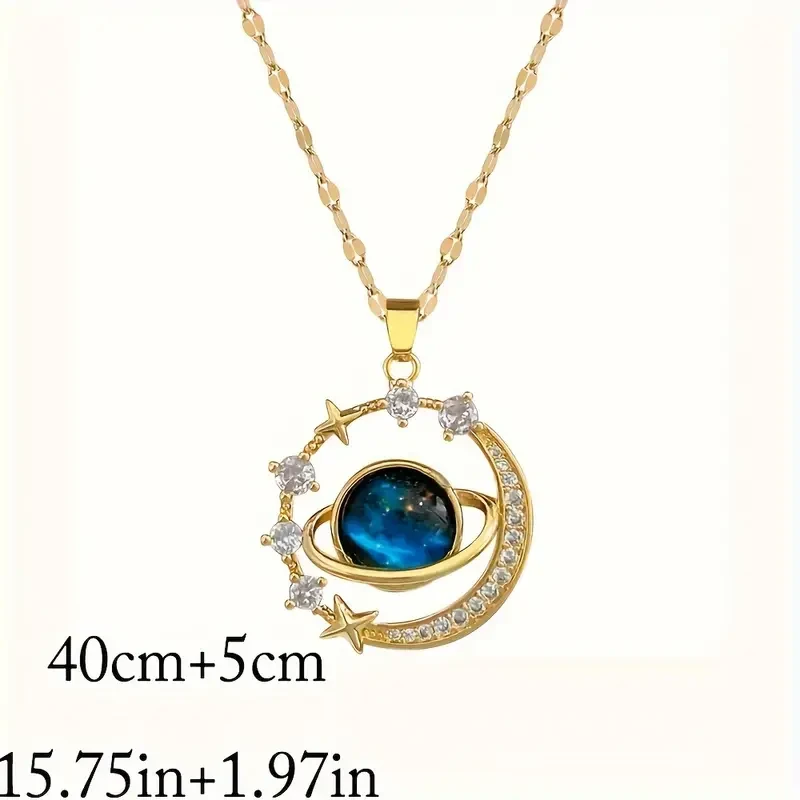 Stainless Steel Zircon Astral Blue Starry Planet Moon Pendant Necklace