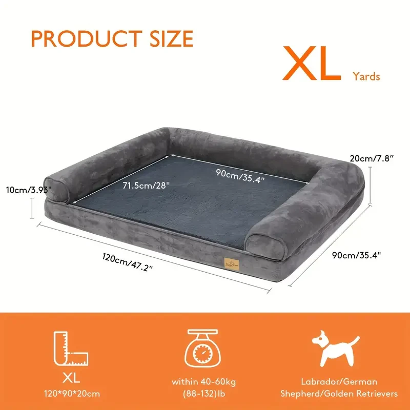 Extra Large Plus Size Dog Sofa Bed - Ultimate Orthopedic Memory Foam Pet Mattress with Calming Bolster Cushion, Waterproof Design, Removable Washable Cover, and Plush Pillow for Maximum Comfort and Support - Grey Colour