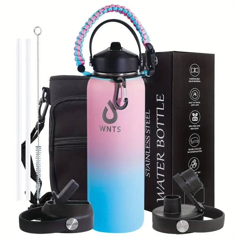 Insulated Stainless Steel Water Bottle with Straw and Brush - 40oz/60oz, Double Wall, 2 Lids, with Carrying Pouch and Loop
