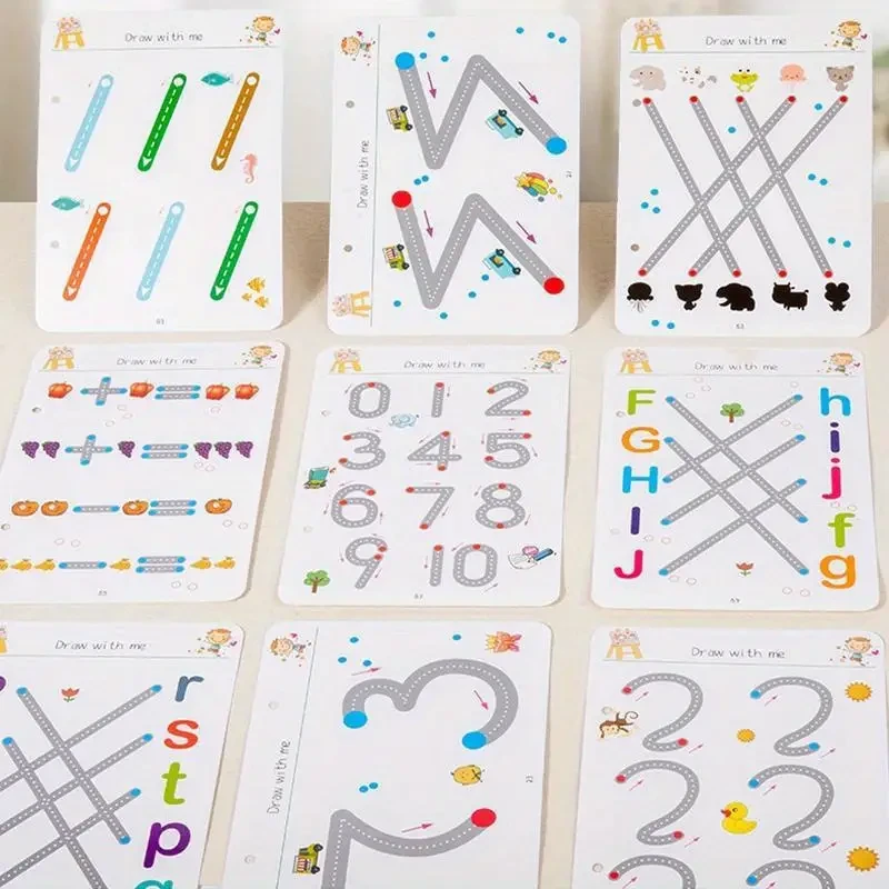 64 pages, 8 pens, set, puzzle painting magic copying book set, suitable for children aged 3-8 - enhance hand-eye coordination, graphic thinking, writing skills, with erasable pens and refills, educational painting and pen control workbooks, early learning