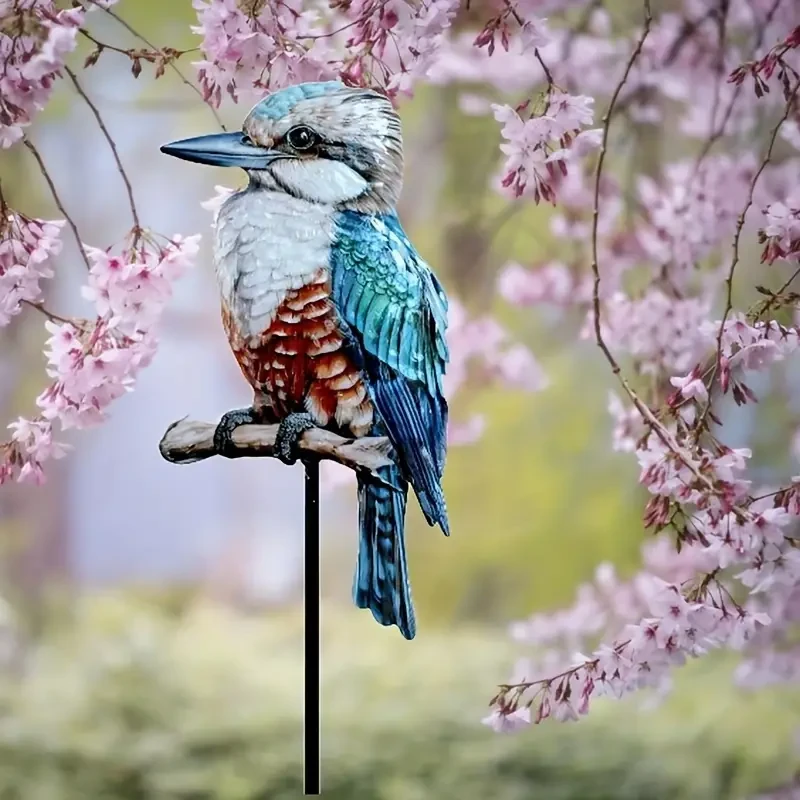 Metal Kookaburra Garden Stake - Blue Kingfisher Bird Art