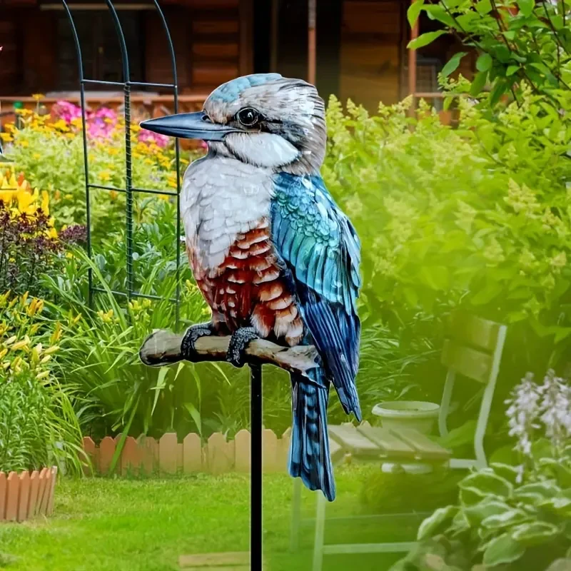 Metal Kookaburra Garden Stake - Blue Kingfisher Bird Art