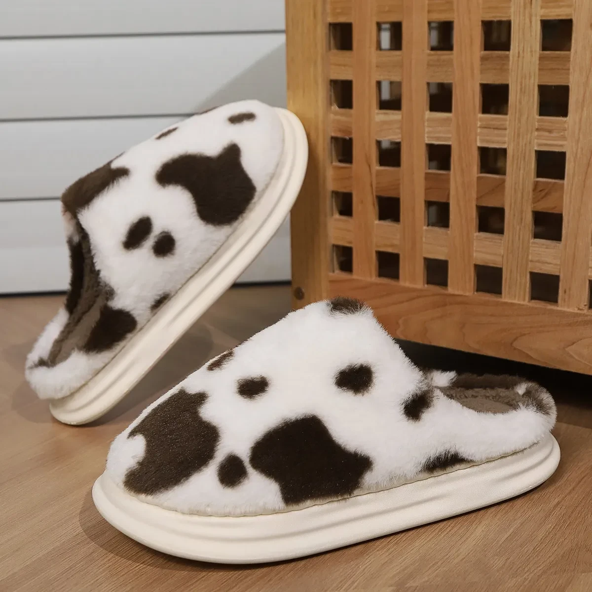 Cute Cow Spotted Plush Slippers