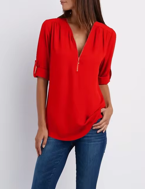 Summer Women Cool Loose Shirt Deep V Neck Chiffon Blouse Casual Ladies Tops Sexy Zipper Pullover Plus Size Long Sleeve Fashion