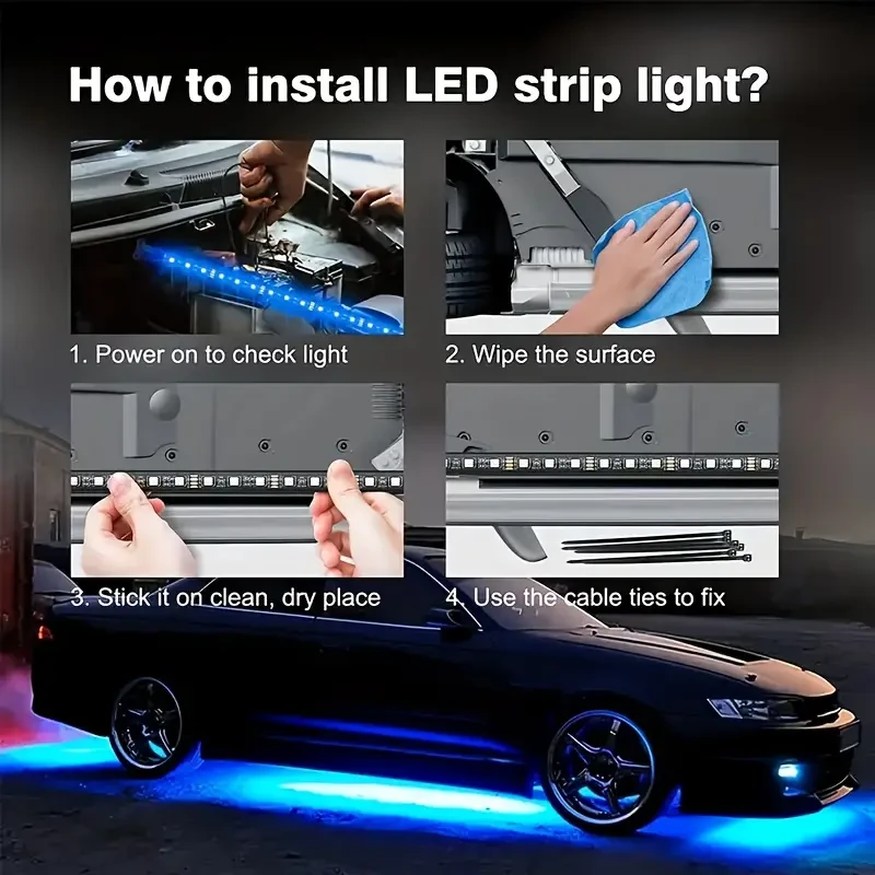 4pcs Car Underglow Neon Accent Strip Lights - App Control