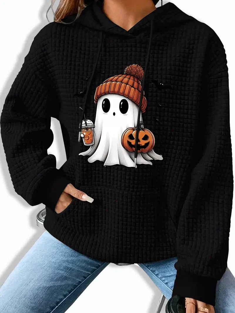 Halloween-Themed Casual Waffle Knit Hoodie