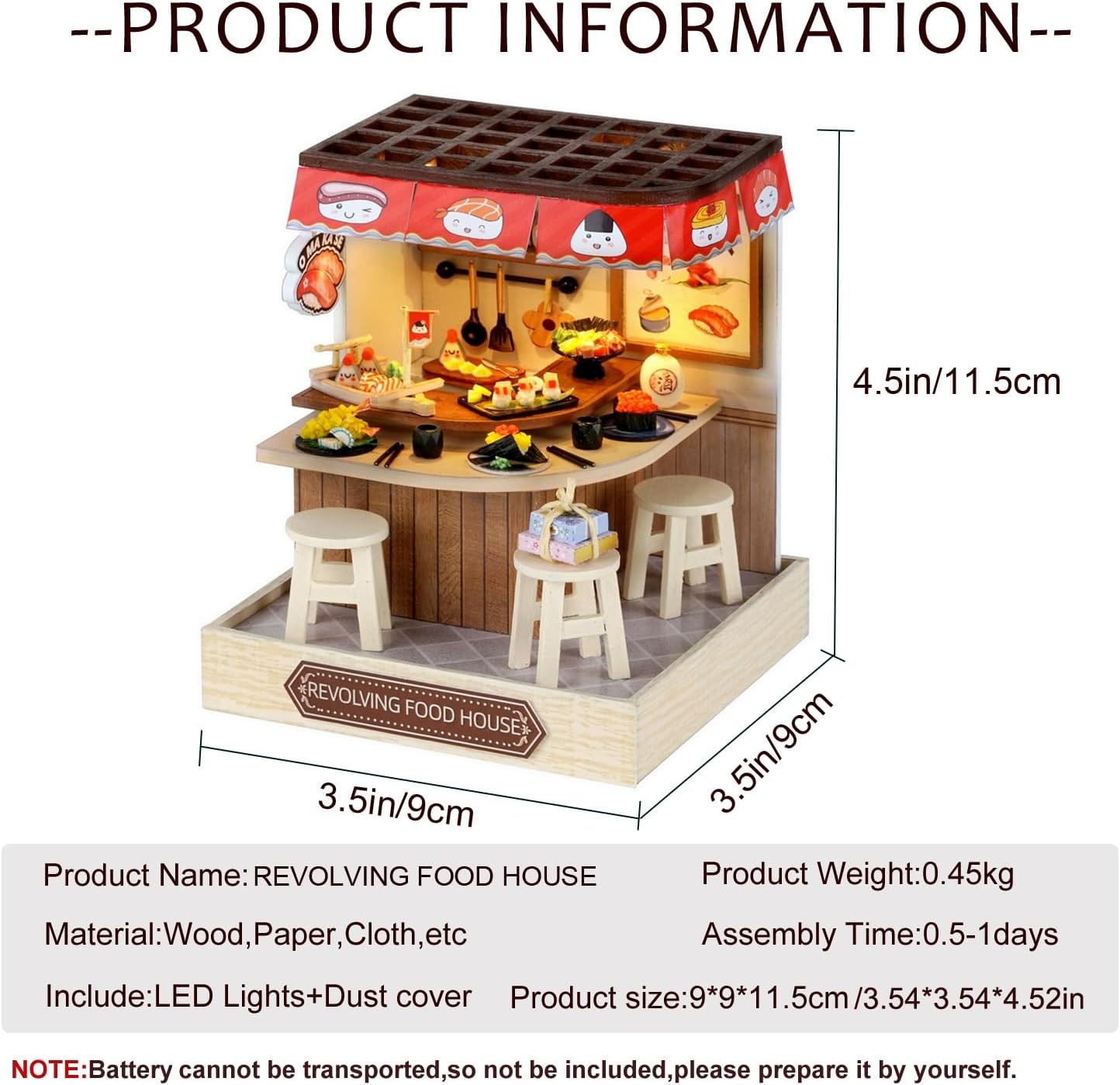 Sushi Restaurant Miniature Model, Building Dollhouse Kit With Dust Cover, Room Bedroom Decoration With Furniture, Wooden Craft 3D Puzzle Toy, Birthday Gift