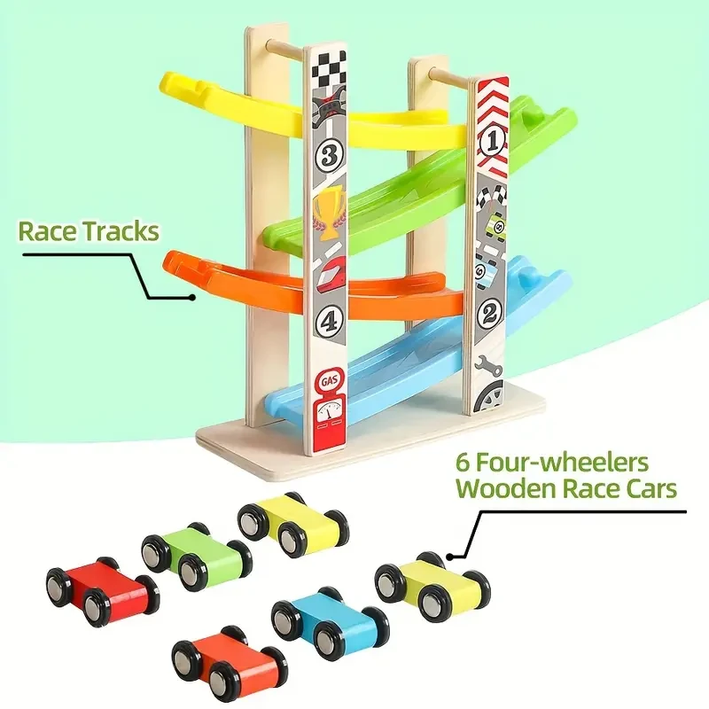 Wooden Ramp Racing Car Set for Youngsters - 4/7 Track Educational Toy with Mini Inertia Slide & Roller Coaster - Perfect Holiday Gift, Yellow