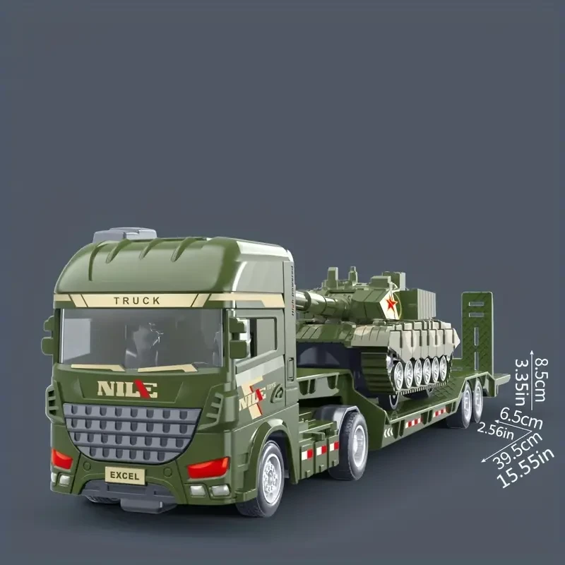 Inertia Toy Trucks Set for Kids with Excavator and Military Tank, Manual Push Power, 2 Large Transport Trailer Vehicles, Educational Engineering Playset for Children Aged 3-6 Years