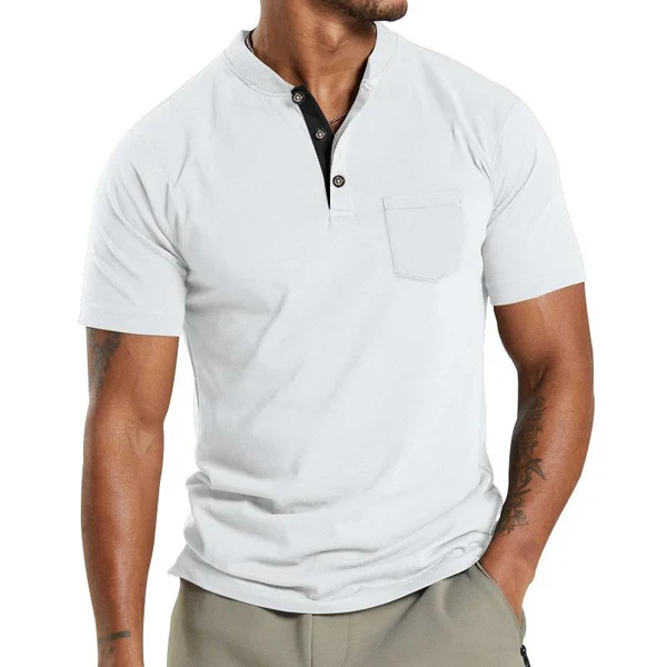 Solid Henley Collar Breast Pocket Short Sleeve T-Shirt
