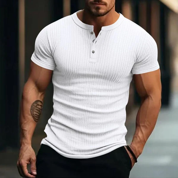 Men's Casual Stretch Knit Short Sleeve Henley T-Shirt
