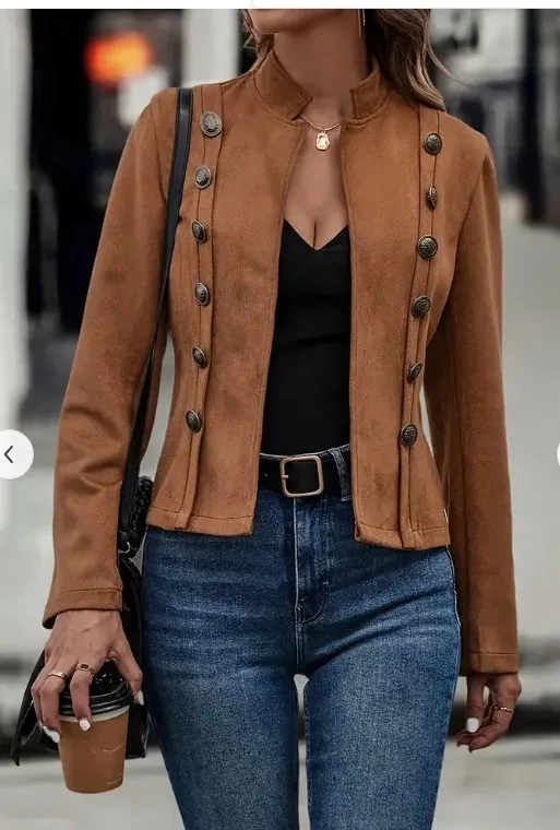 Decorative Design Fashion Retro Suede Long Sleeve Outwear Tops Coat For Womens Clothing