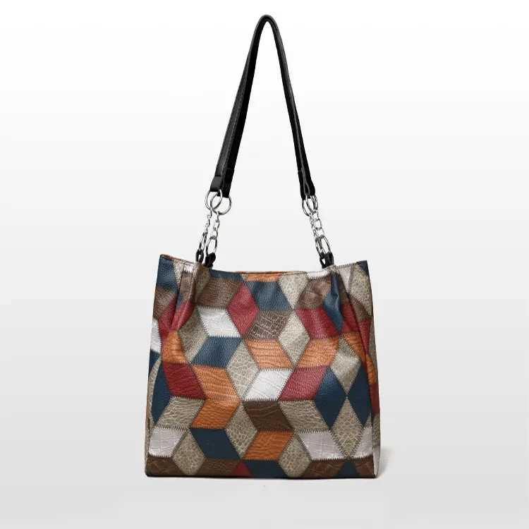 Retro Geometric Pattern Color-matching Shoulder Bag Fashion Large Capacity Stitching Handbag For Women Totes