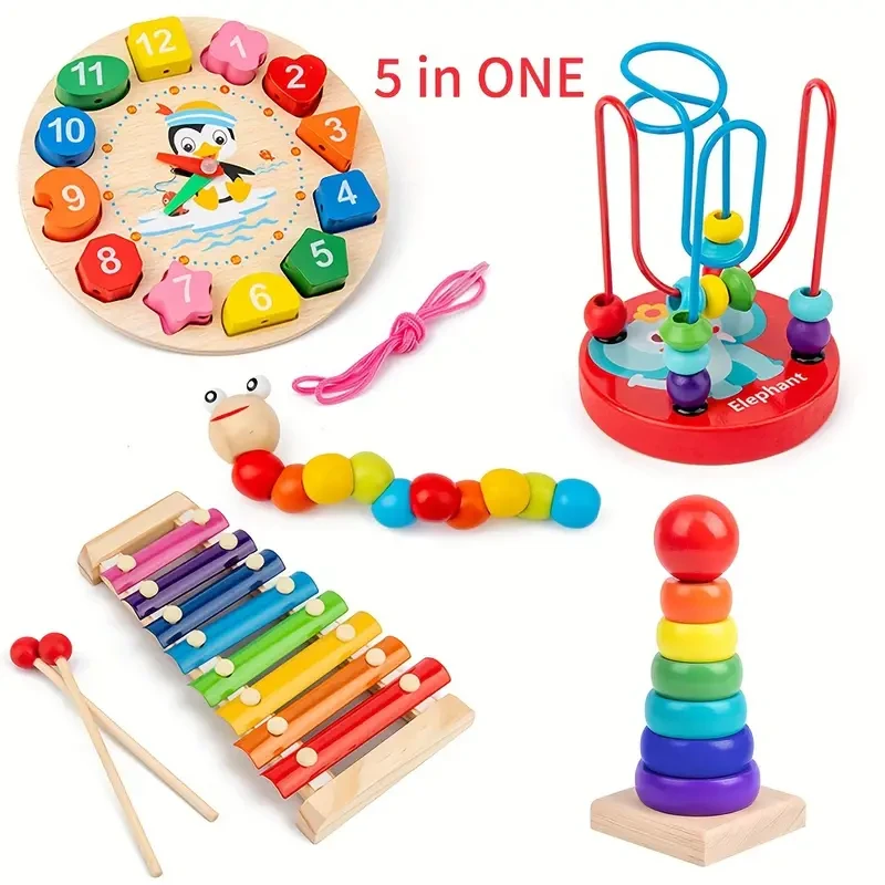5pcs/set Wooden Toys With Xylophone, Clock Beads, Early Education Toys For Babies