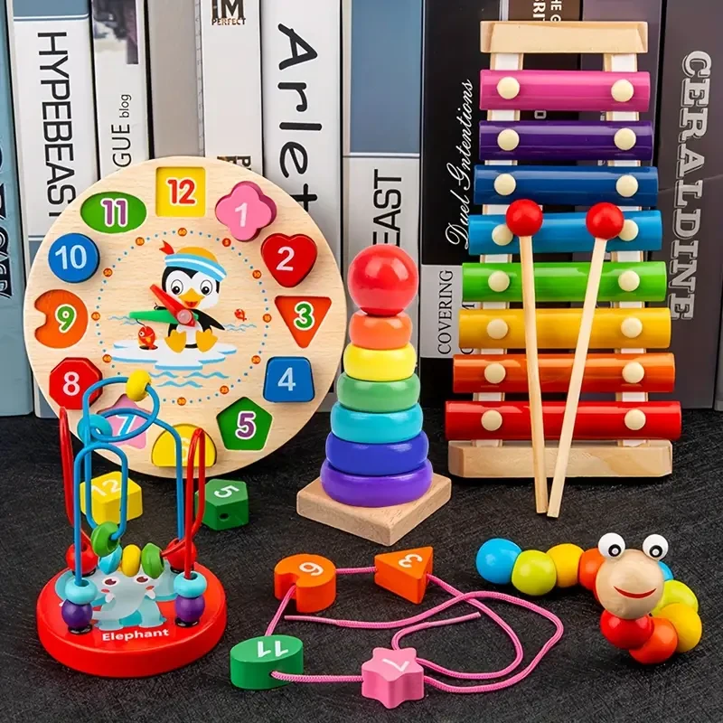5pcs/set Wooden Toys With Xylophone, Clock Beads, Early Education Toys For Babies