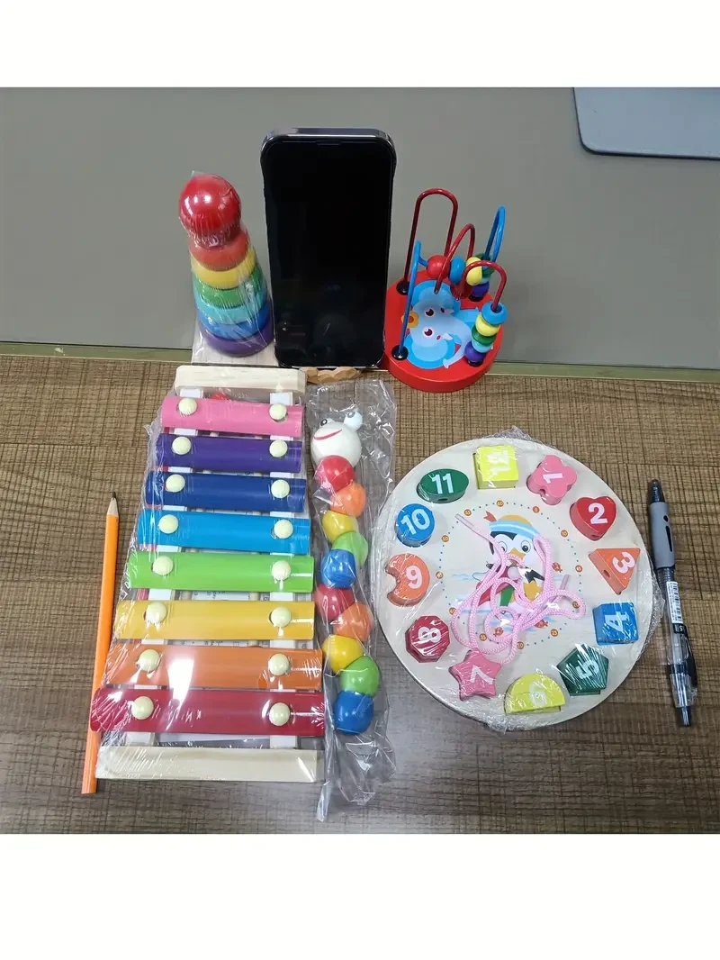 5pcs/set Wooden Toys With Xylophone, Clock Beads, Early Education Toys For Babies