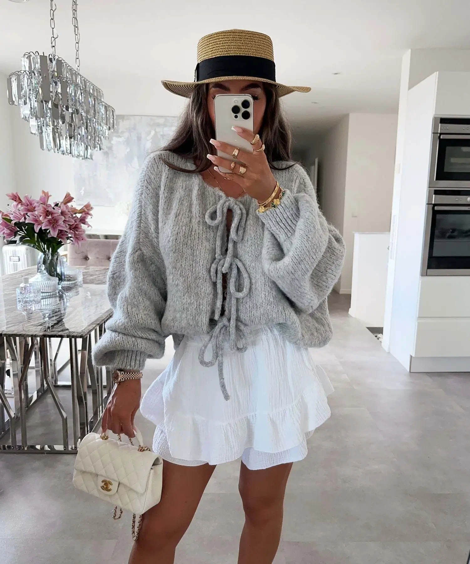 Casual Knitted Bow Lace Up Cardigan Women Solid O-neck Short Sleeve Hollow Out Sweater Female Autumn Lady Solid Streetwear