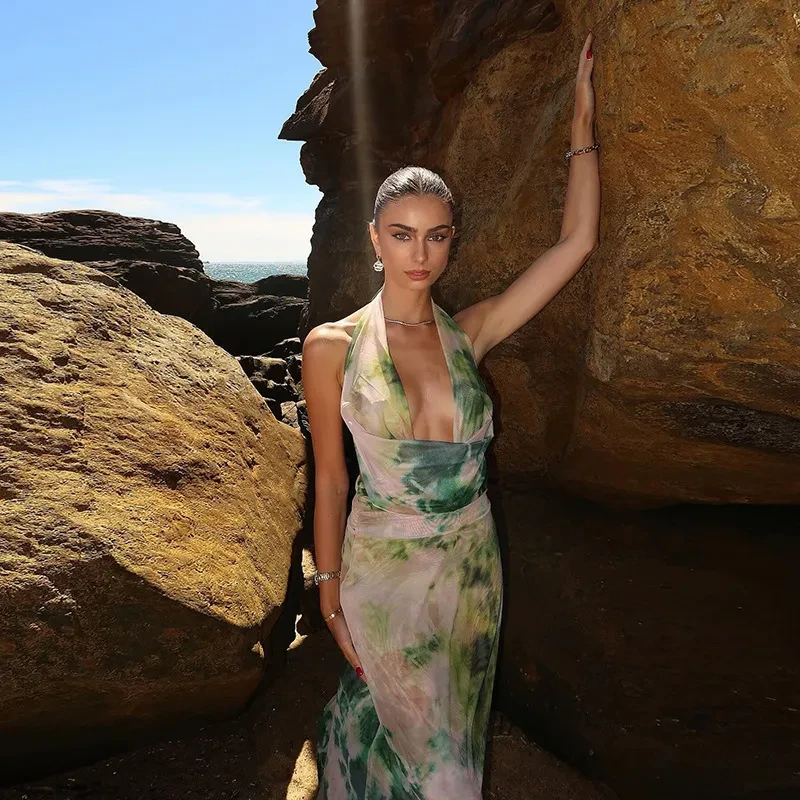 2pcs Tie Dye Printing Deep V-neck Suits Fashion Halter Backless Long Dresses For Beach Party Womens Clothing