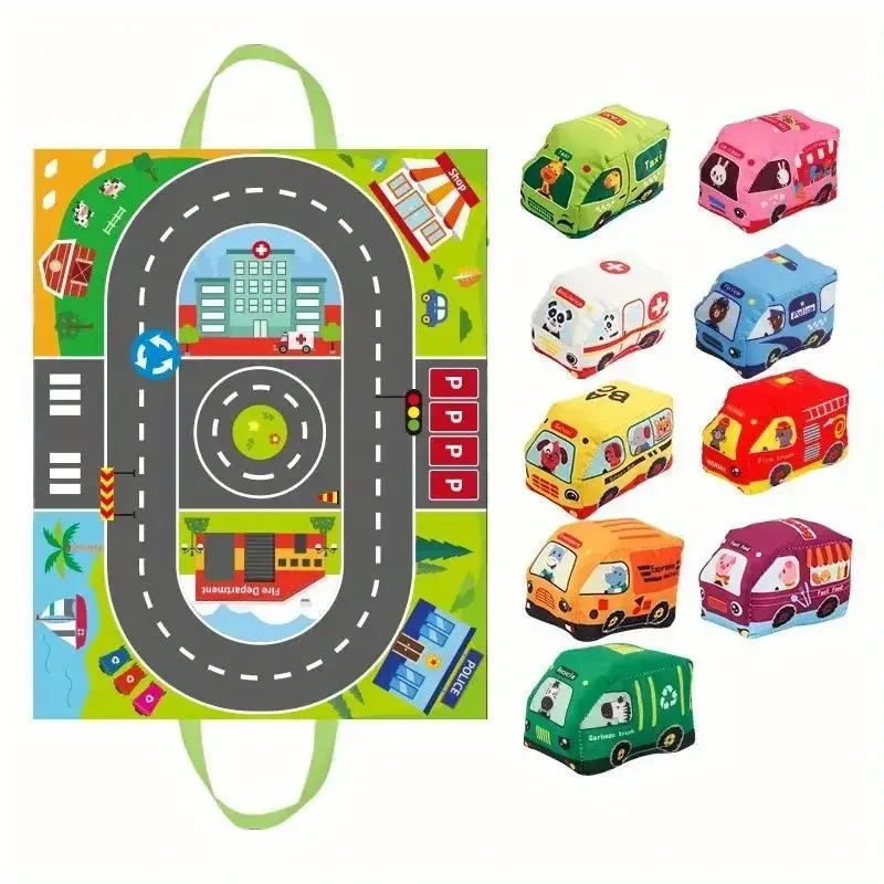 KPOSKLI Built-in Sound Paper and Bell Playset: Interactive Roadway with 8 Colorful Vehicles and Sound Effects for Early Learning
