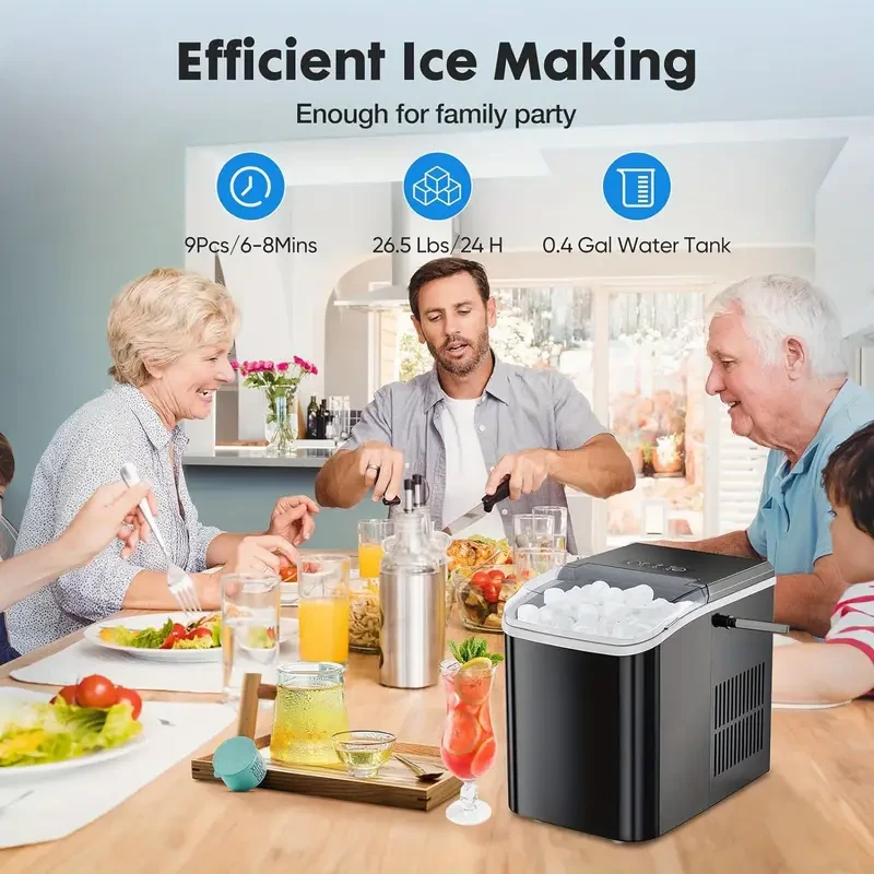 DUMOS Portable Countertop Ice Maker - Self-Cleaning, 9 Cubes in 6 Mins, 26.5lbs/24Hrs, with Ice Scoop, Basket, and Handle