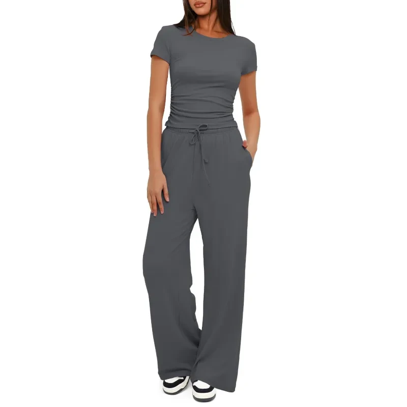 Solid Color Yoga Set: Short-sleeve Top & High-waisted Wide-leg Pants