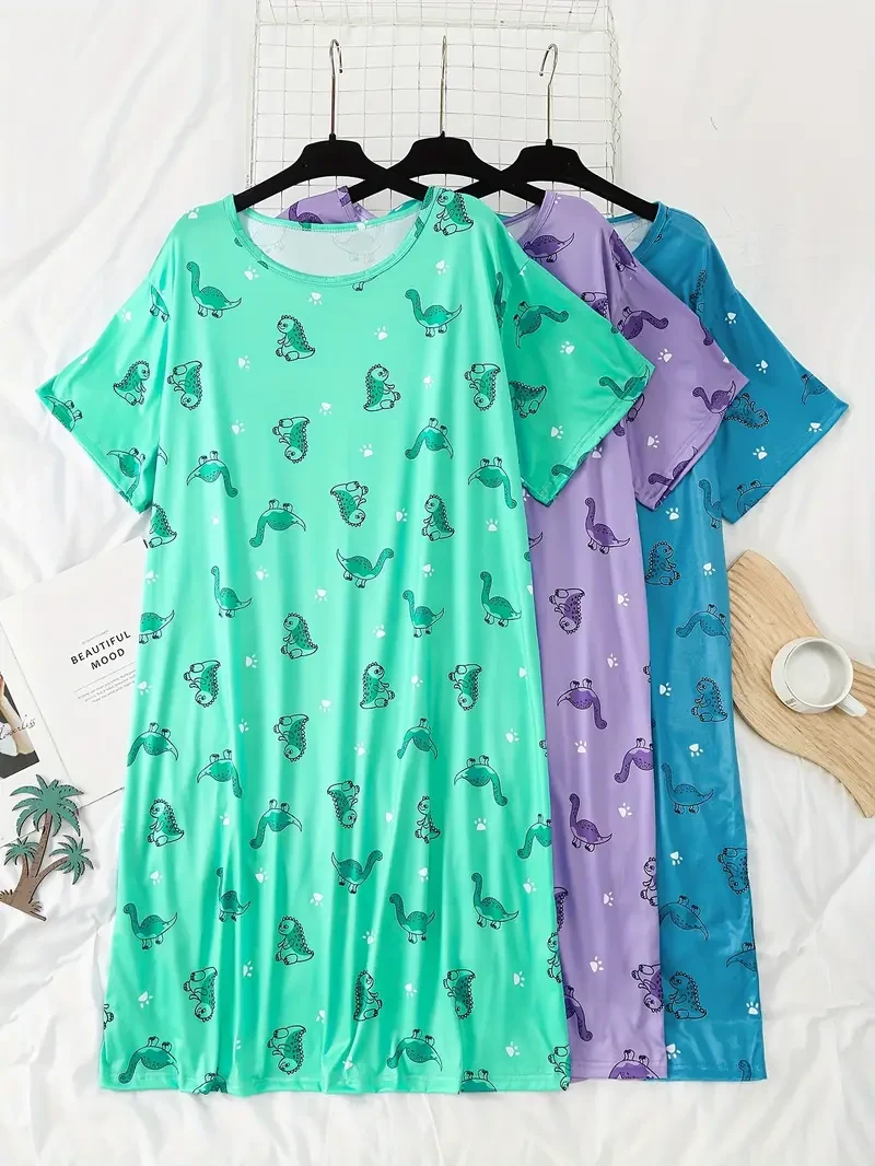 Women's Plus Size Cute Animal Print T-Shirt Sleep Dress 3pcs