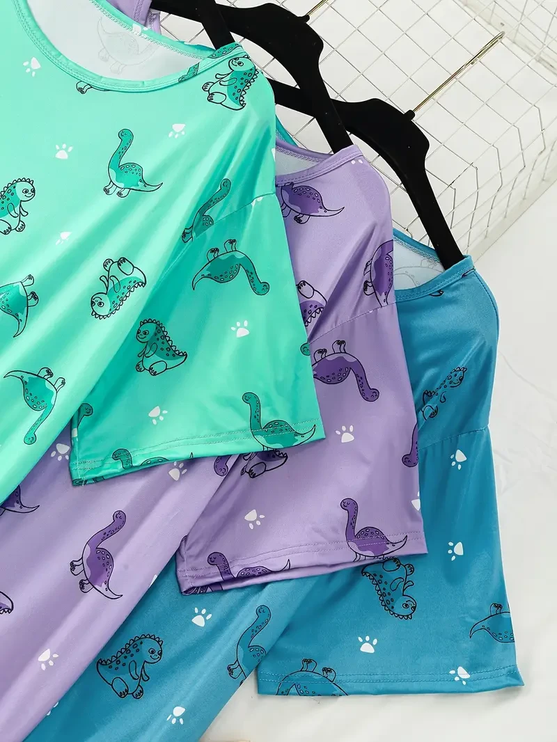 Women's Plus Size Cute Animal Print T-Shirt Sleep Dress 3pcs