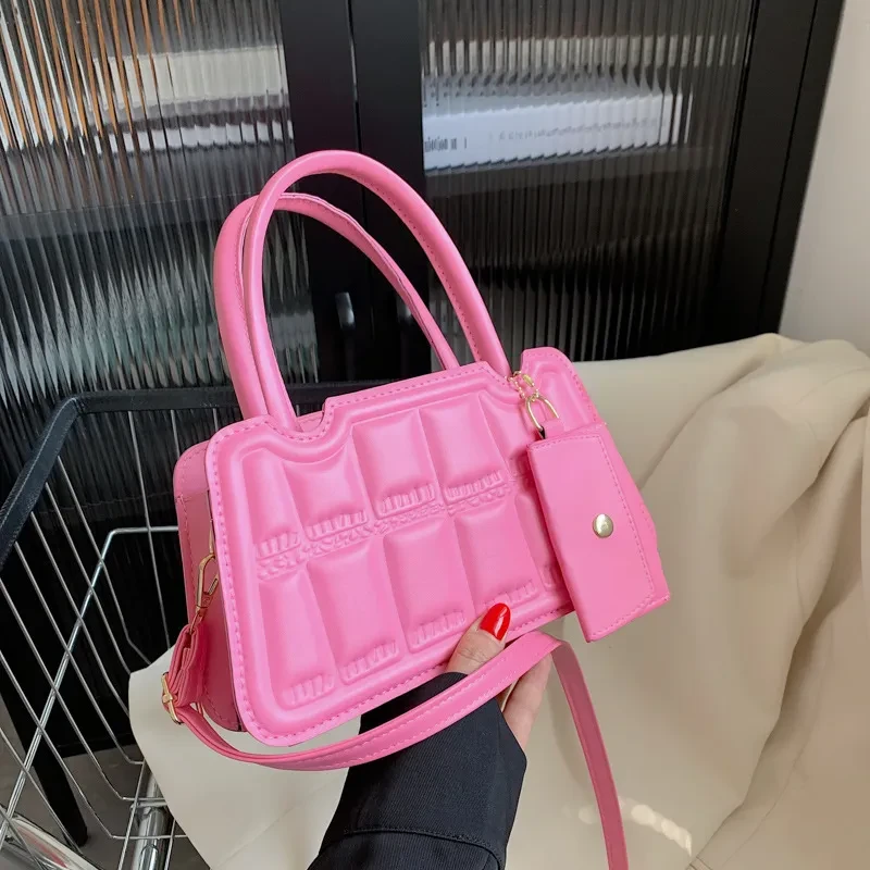 Candy Color Shoulder Bag With Small Wallet Fashion Grid Texture Totes Women Handbag