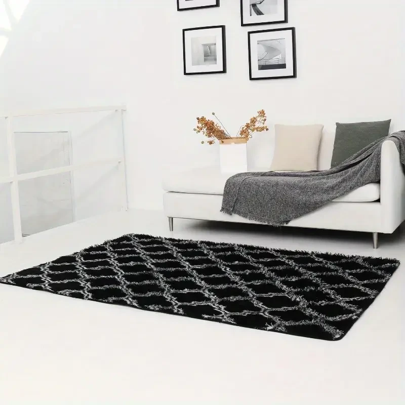 Zulida Luxury Plush Black & White Diamond Pattern Area Rug - Soft, Fluffy, Non-Flame Retardant, Machine Washable with Non-Slip Backing for Living Room and Bedroom Decor