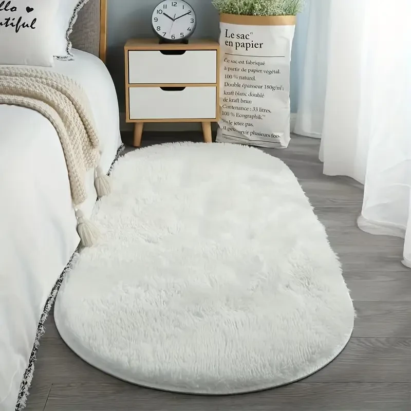 Plush Faux Fur Oval Rug - Soft, Non-Slip & Machine Washable for Living Room and Bedroom Decor, Grey