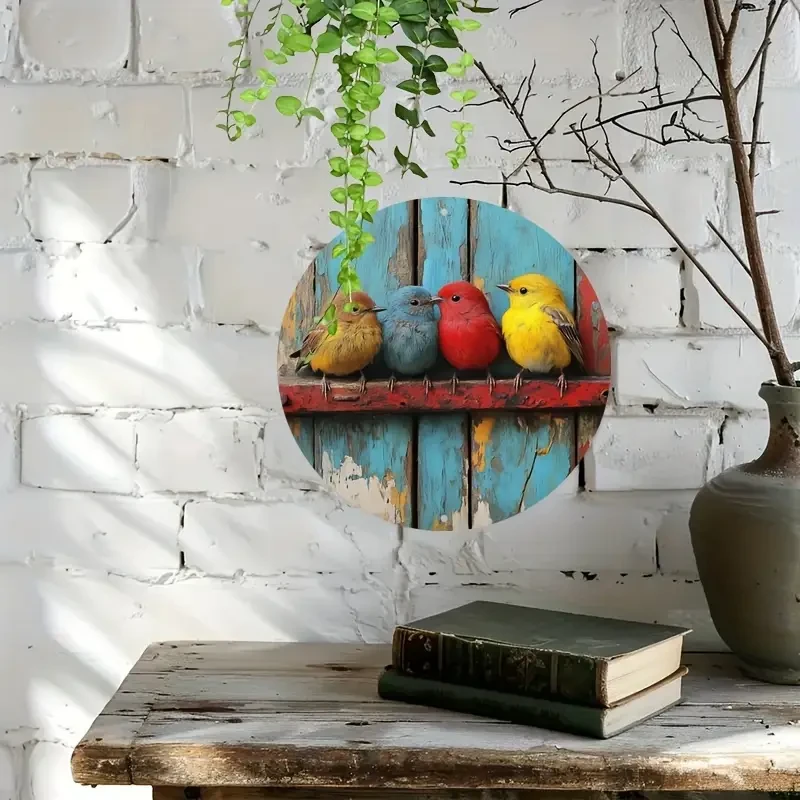 Vibrant Birds on Weathered Pipe Tin Sign - 20.32x20.32 cm