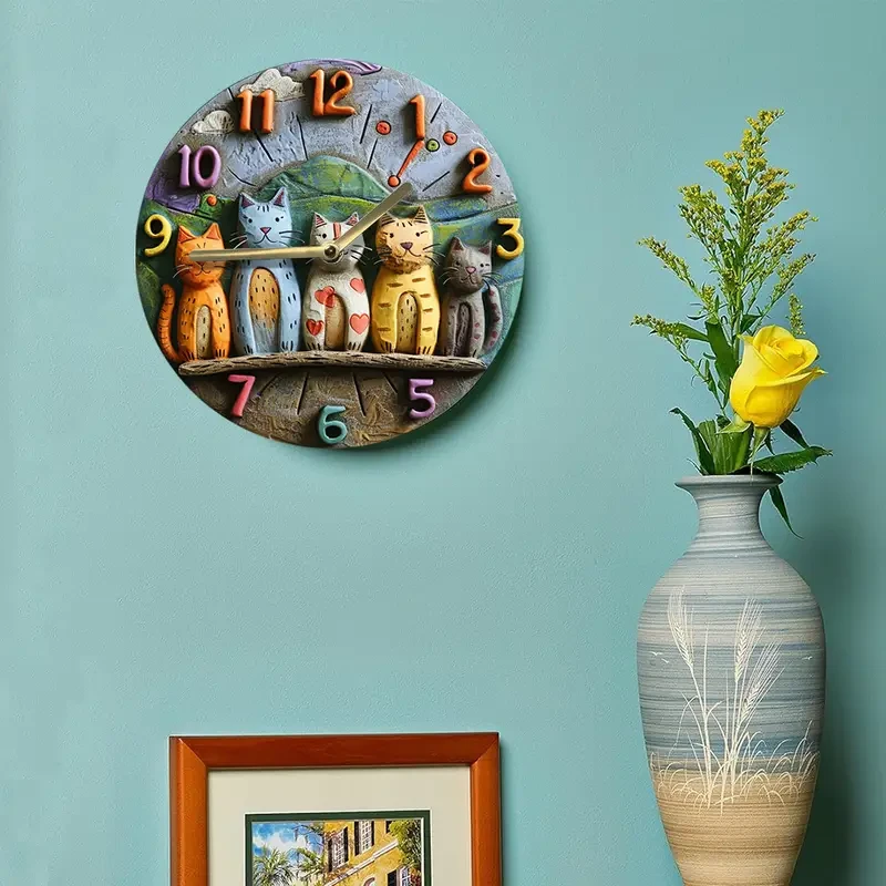 Decorative 2D 8 Inch Whimsical Adorable Cats Quartz Wall Clock - Perfect Gift for Cat Lovers