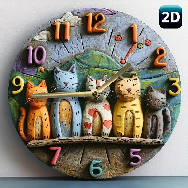 Decorative 2D 8 Inch Whimsical Adorable Cats Quartz Wall Clock - Perfect Gift for Cat Lovers