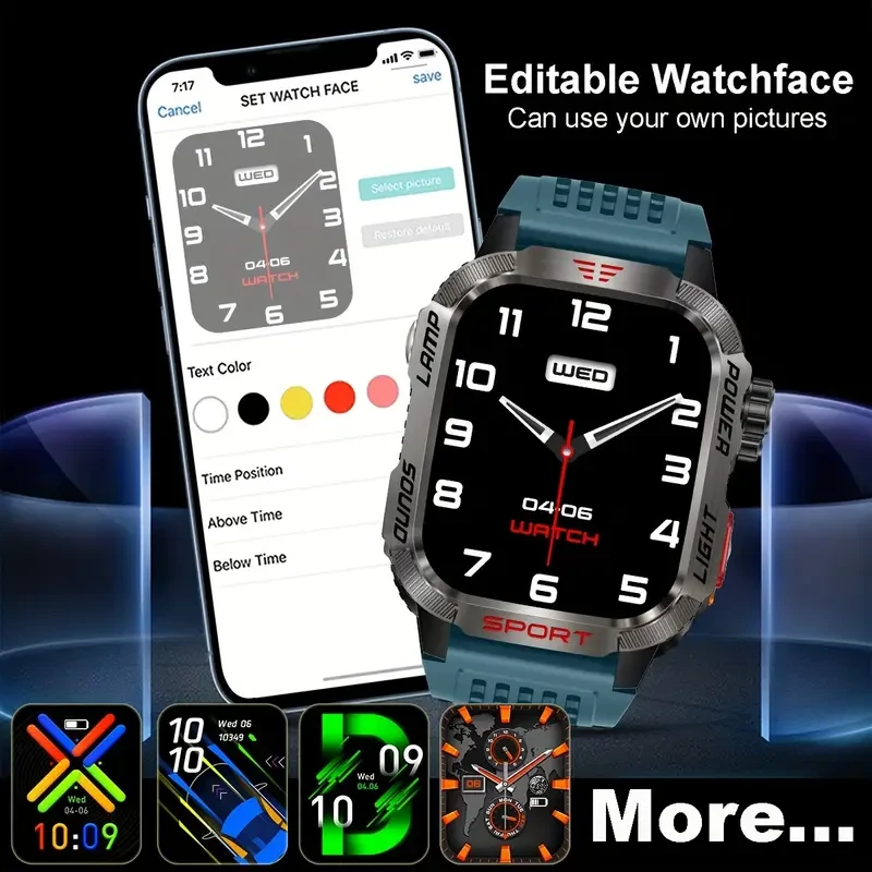 Rugged Outdoor Smartwatch (Receive/Make Call), For iPhone & Android Wireless Call Smartwatch, With LED Flashlight, Fitness, IP68 Waterproof/sleep 600 Battery