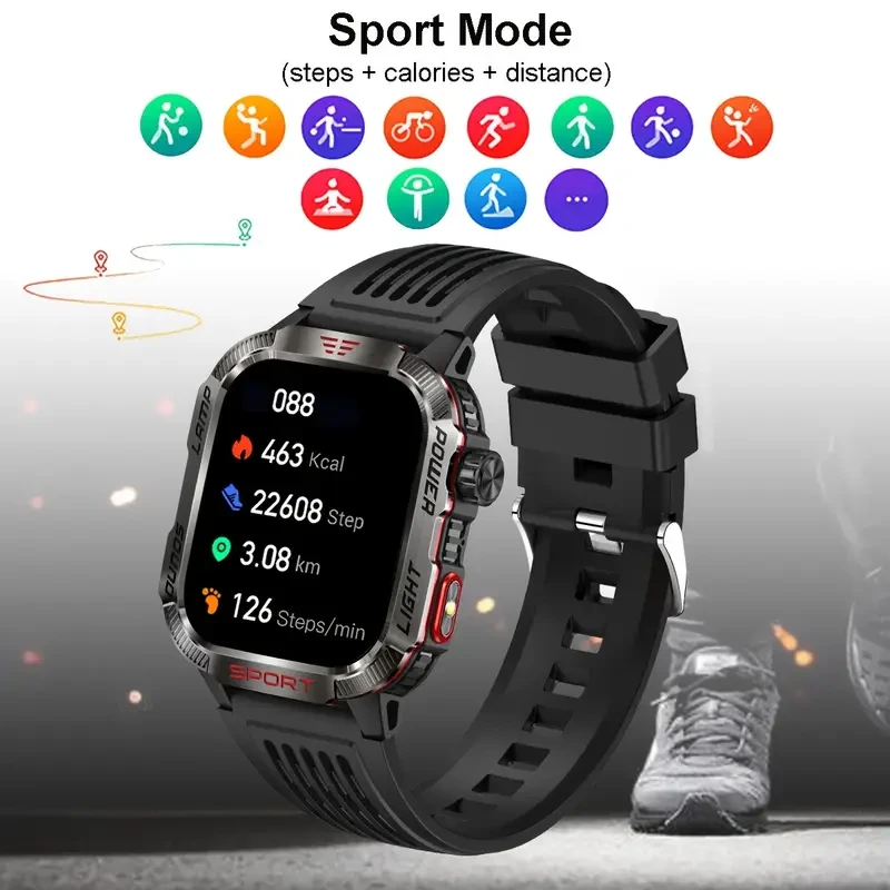 Rugged Outdoor Smartwatch (Receive/Make Call), For iPhone & Android Wireless Call Smartwatch, With LED Flashlight, Fitness, IP68 Waterproof/sleep 600 Battery