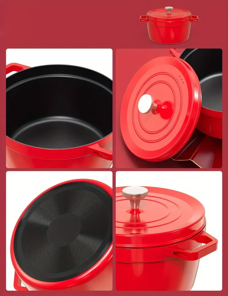 Cast Iron Stockpot with Lid, 4L, 24cm - Universal Gas Stovetop and Induction Compatible, Durable Red Soup Pot for Broth, Stew, and Cooking