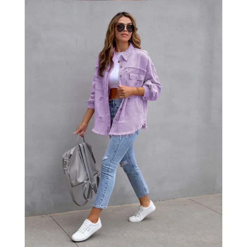 Women's Casual Ripped Shirt Jacket