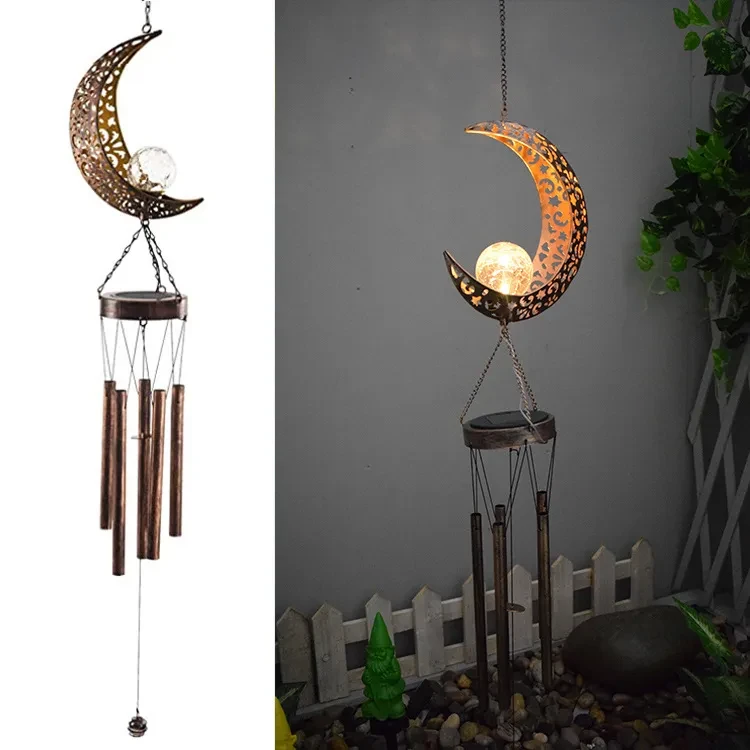 Wrought iron hollow sun moon wind chime pendant LED
