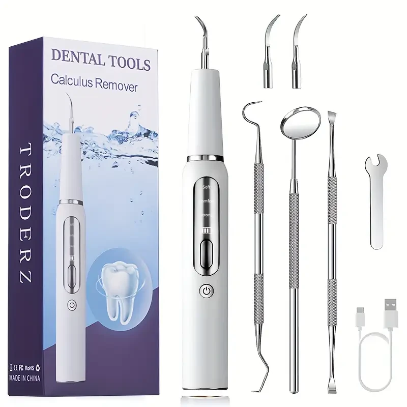 Tooth plaque/tartar remover, tooth plaque remover, electric tooth cleaner tartar remover, dental calculus remover tooth cleaning kit, with LED light, 3 modes rechargeable tooth cleaning kit, with dental tools, 2 replaceable heads, men and women can use