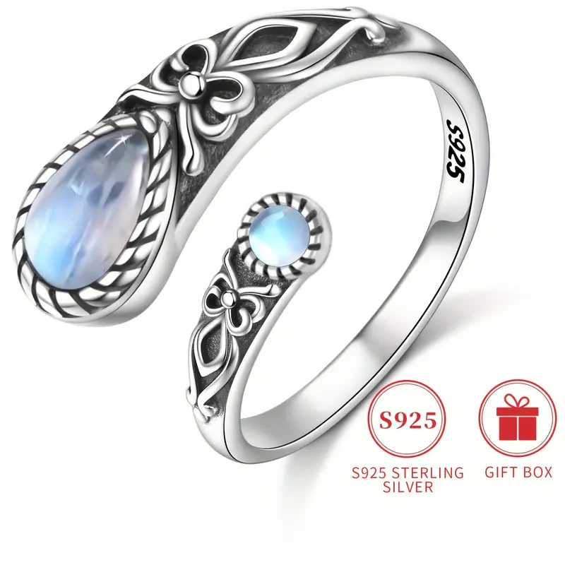 Vintage Boho Sterling Silver Moonstone Ring - Adjustable Spoon Band with Synthetic Stone,