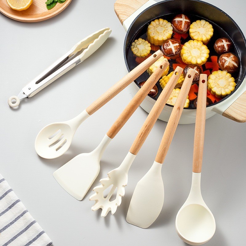 Wooden Handle Silicone Kitchenware Cooking Spatula Set