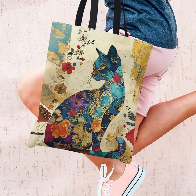 Spacious Chic Cat Cartoon Print Canvas Durable & Stylish Shoulder Bag for Women