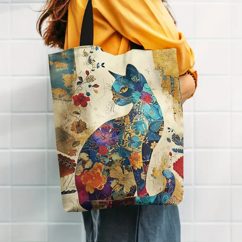 Spacious Chic Cat Cartoon Print Canvas Durable & Stylish Shoulder Bag for Women