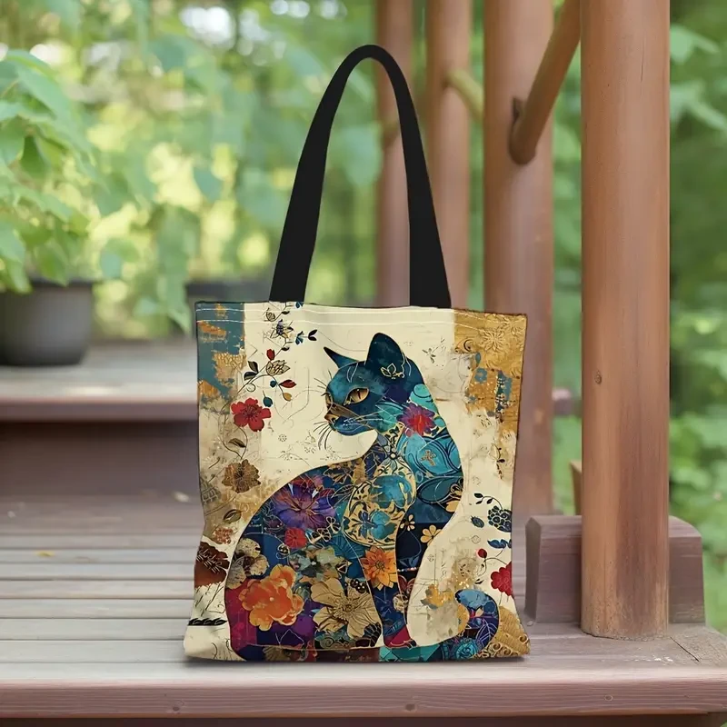 Spacious Chic Cat Cartoon Print Canvas Durable & Stylish Shoulder Bag for Women