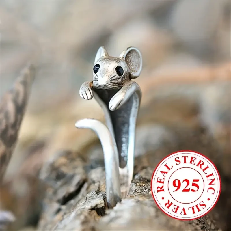 Sterling Silvery Vintage Bohemian Mouse Design Adjustable Ring for Men and Women