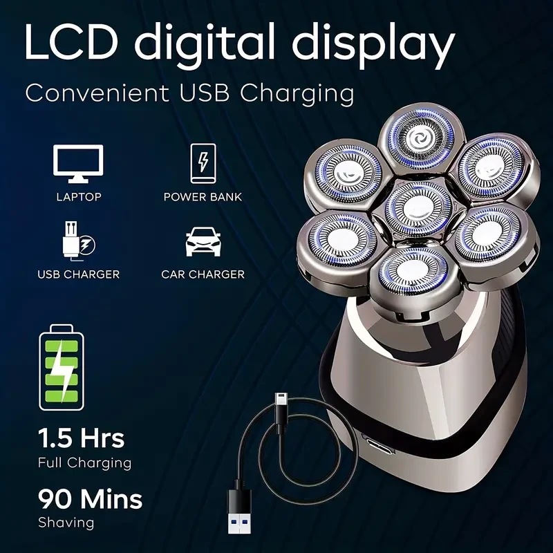 7D Head Shavers for Bald Men - Anti-Pinch Electric Razor with 5-in-1 Men's Grooming Kit