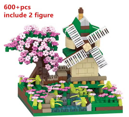 2138pcs DIY Discoloration Cherry Blossom Flower Pink Tree House Train Assembly Building Blocks Classic Model Bricks Sets Kid