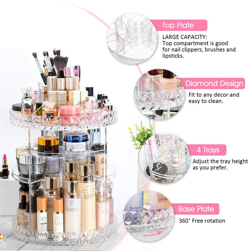 Diamond Pattern Cosmetic Desktop 360 Rotating Storage Box Acrylic Box Dressing Table Lipstick Skin Care Product Storage
